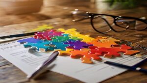 Peças de quebra-cabeça do autismo sobre o formulário do BPC