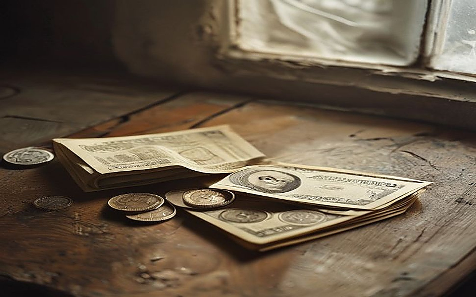 Poucas moedas e cédulas modestas sobre uma mesa de madeira gasta, símbolo da renda mínima do Bolsa Família contada como renda