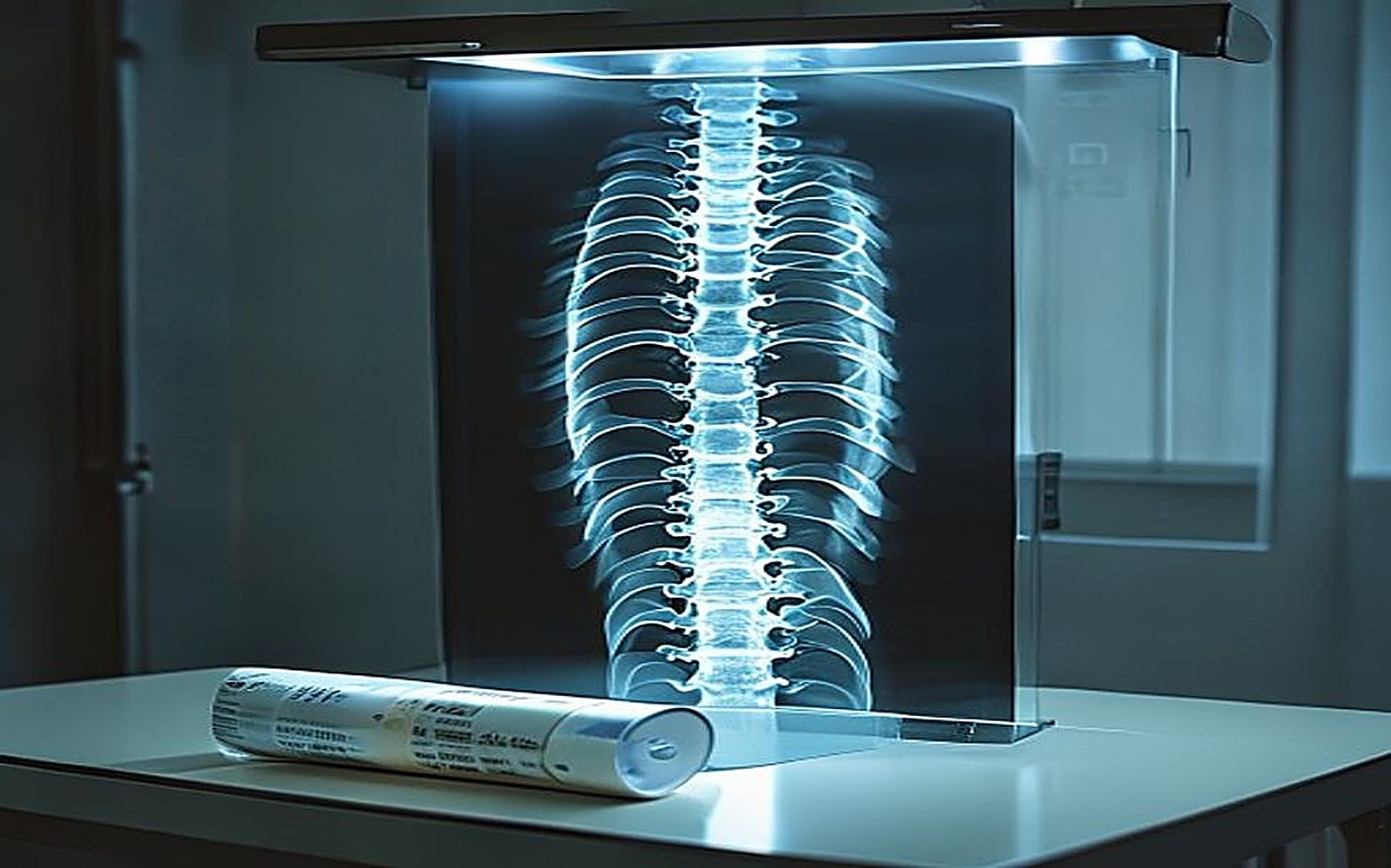 Radiografia de coluna vertebral em negatoscópio ao lado de medicamento, símbolo da doença degenerativa da coluna na avaliação do BPC