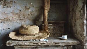 Velho chapeu de palha e ferramenta de lavrador gastos encostados na parede de casa rural simples ao lado de comprimidos, simbolo do trabalhador rural adoecido que teve o BPC LOAS negado