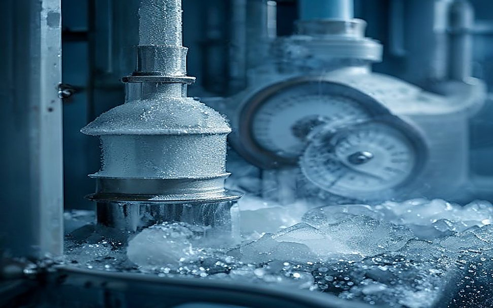Válvula e manômetro de sistema de refrigeração industrial por amônia, com formação de gelo e vapor, junto a placa de identificação de gás perigoso
