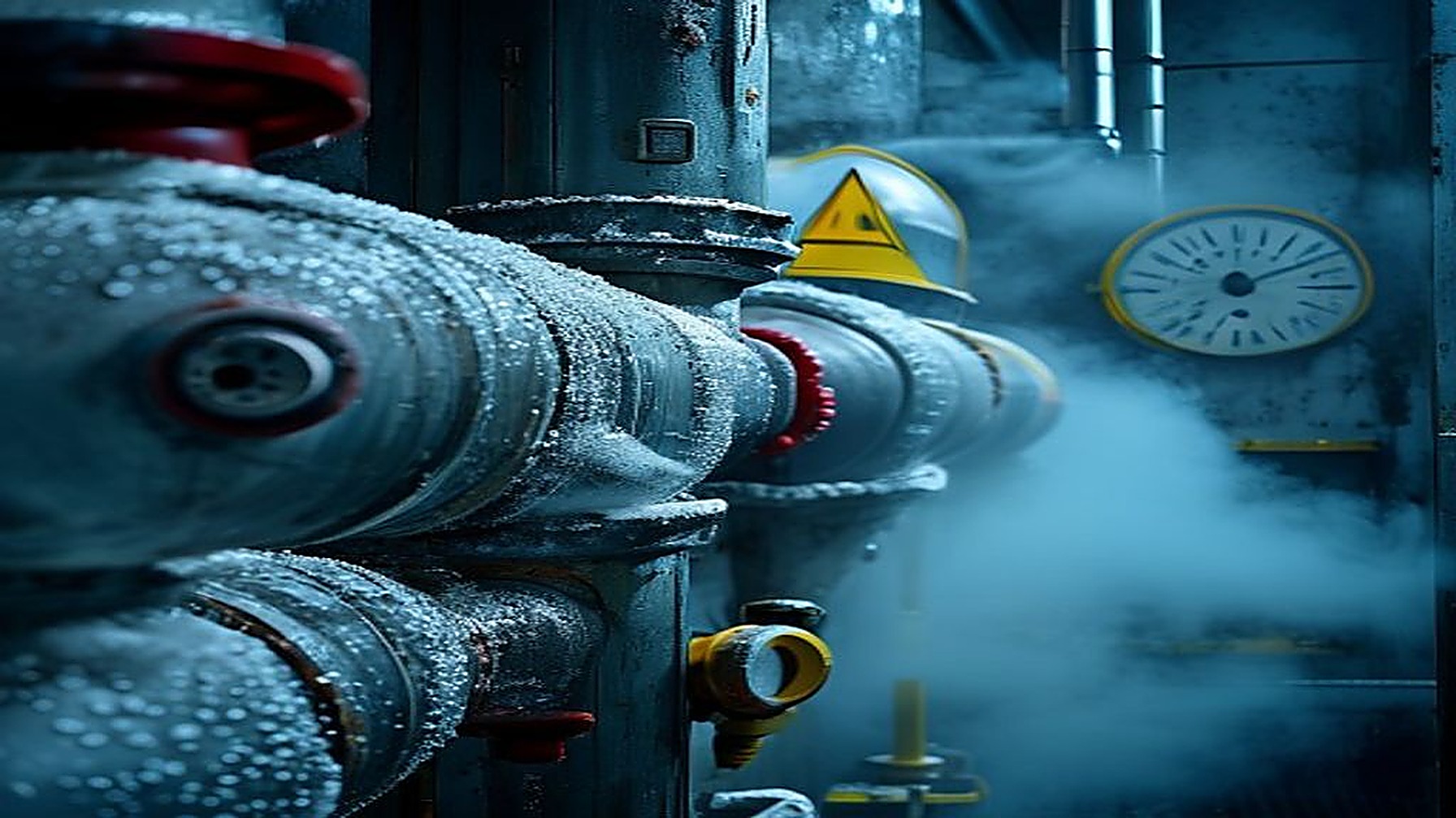 Tubulação industrial de refrigeração por amônia coberta de gelo, com válvula, manômetro e placa de perigo, envolta em vapor frio no interior de um frigorífico