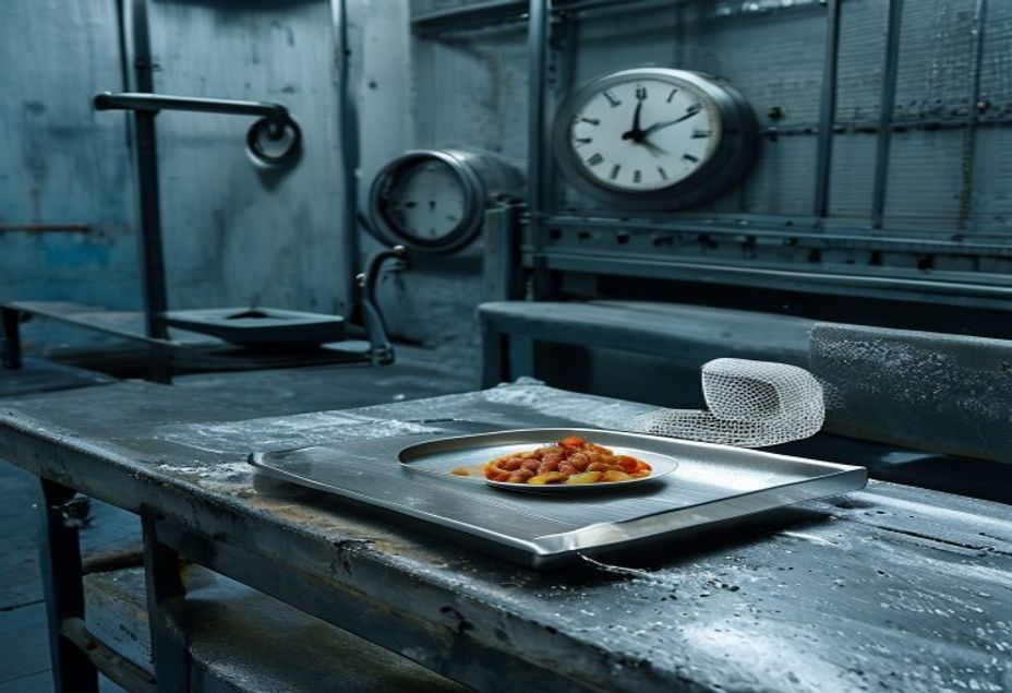 Bandeja de aço com uma refeição intocada sobre bancada industrial gelada, ao lado de um relógio de parede, uma luva de malha de aço e uma touca descartável, símbolo do intervalo de almoço que a linha do frigorífico devora