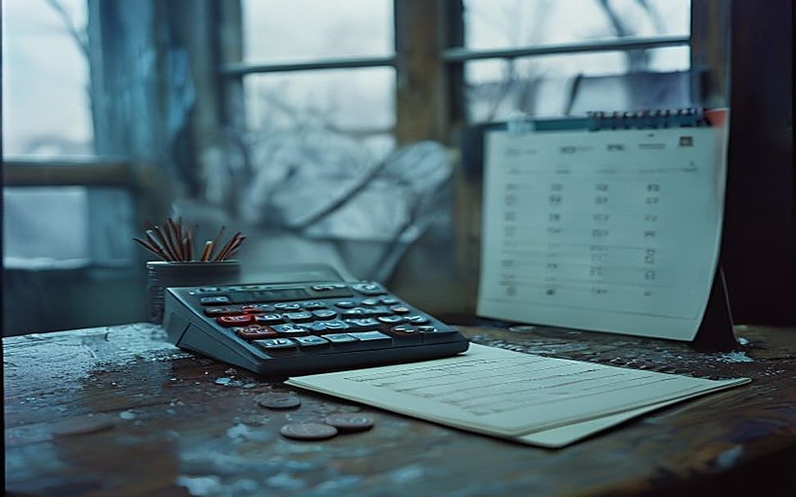 Calculadora, calendário e moedas sobre bancada fria de frigorífico, cálculo dos atrasados da revisão de aposentadoria