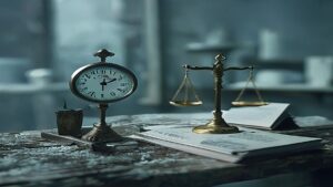 Relogio, balanca da justica e documentos previdenciarios sobre mesa em camara fria de frigorifico, simbolo da revisao de aposentadoria por tempo especial