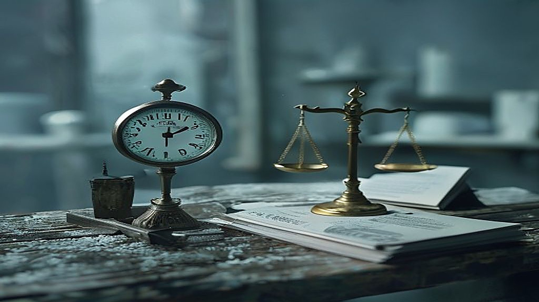 Relógio, balança da justiça e documentos previdenciários sobre mesa em câmara fria de frigorífico, símbolo da revisão de aposentadoria por tempo especial
