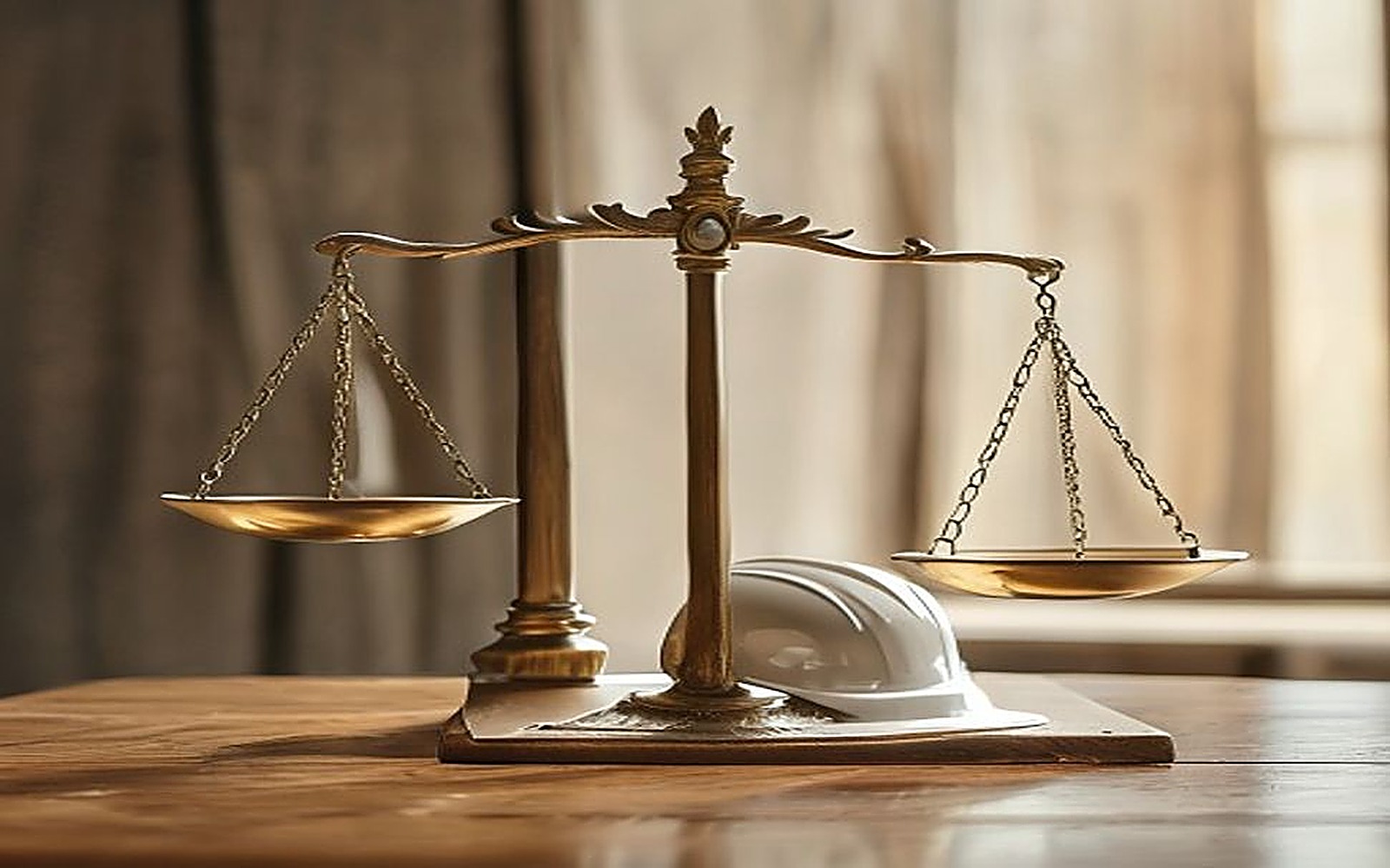 Balança da justiça ao lado de capacete de segurança sobre a mesa, equilíbrio entre o direito à reintegração e a nulidade da demissão do trabalhador reabilitado