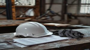 Capacete de seguranca branco, luvas de trabalho e carteira de trabalho sobre bancada de galpao, simbolo da reabilitacao profissional do INSS e da estabilidade do trabalhador de frigorifico reabilitado