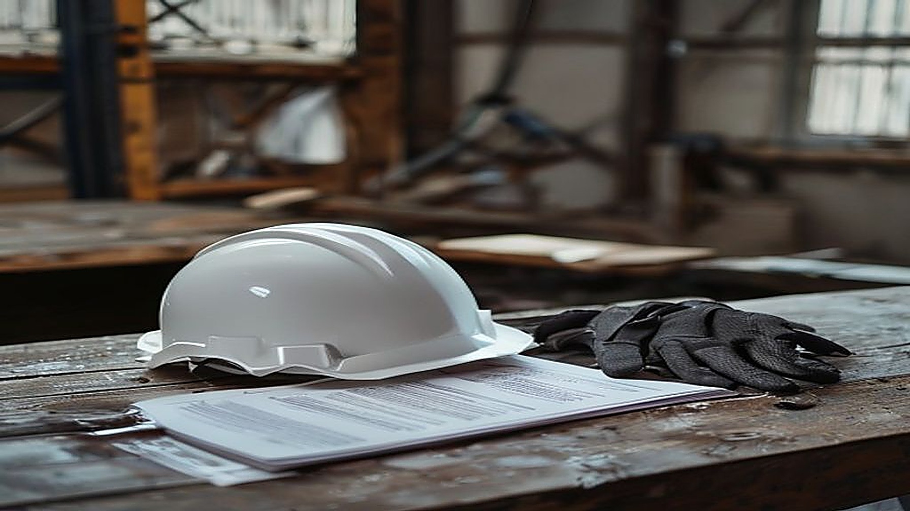 Capacete de segurança branco, luvas de trabalho e carteira de trabalho sobre bancada de galpão, símbolo da reabilitação profissional do INSS e da estabilidade do trabalhador de frigorífico reabilitado