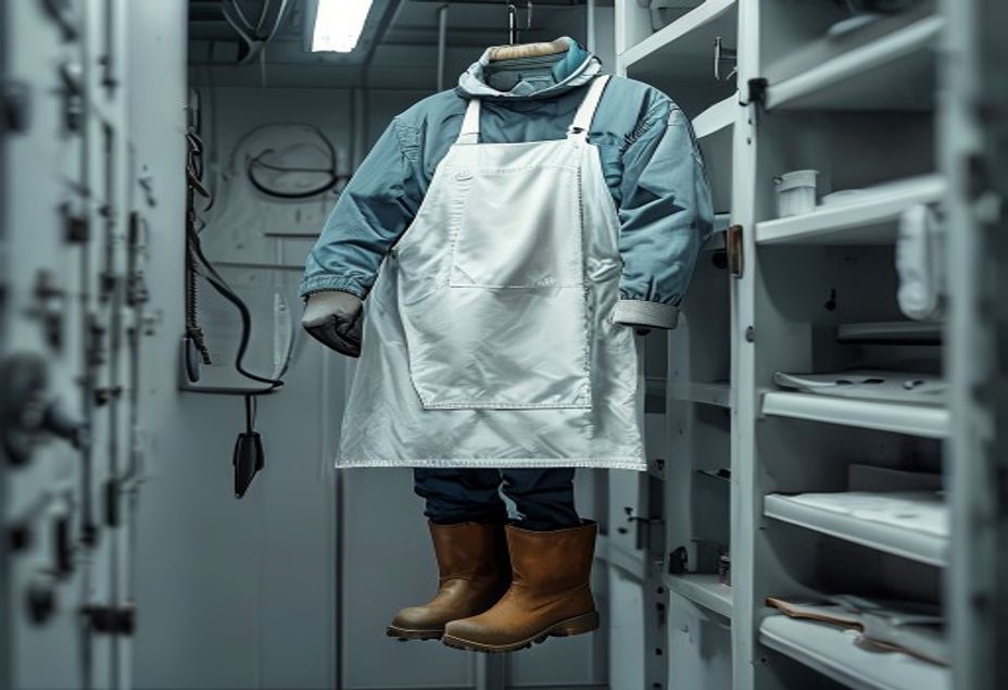 Termômetro industrial marcando temperatura negativa ao lado de uma carteira de trabalho e de um par de luvas térmicas sobre uma superfície metálica, representando o ambiente insalubre do frigorífico do qual a gestante deve ser afastada