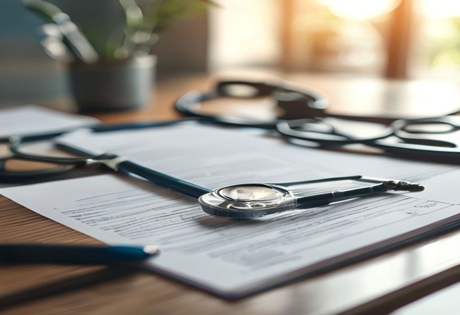 Carta do INSS com uma data de cessação circulada em vermelho sobre a mesa, ao lado de um laudo médico e de um par de luvas térmicas de frigorífico, símbolo da alta programada que marca o fim do benefício antes da recuperação