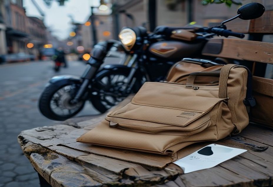 Mochila térmica de entregador de aplicativo apoiada em um banco de madeira ao lado de uma motocicleta estacionada, com um envelope oficial e uma folha impressa sobre o banco, representando o desligamento da plataforma e o requerimento de benefício previdenciário do entregador acidentado