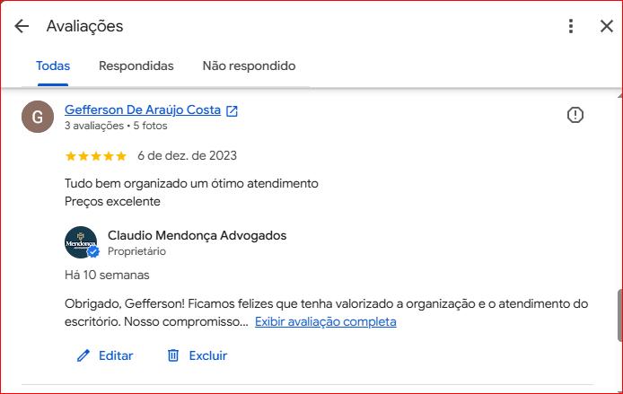 Avaliação pública do escritório no Google