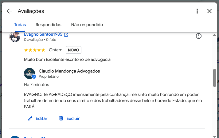 Avaliação pública do escritório no Google